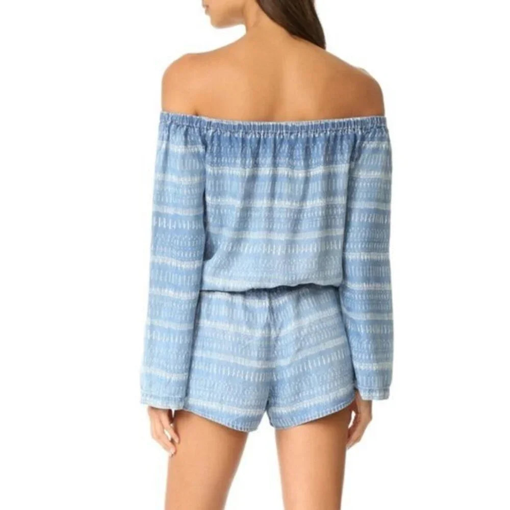 Bella Dahl Blue Chambray Tiki Stripe Off Shoulder Long Sleeve Romper Size Medium